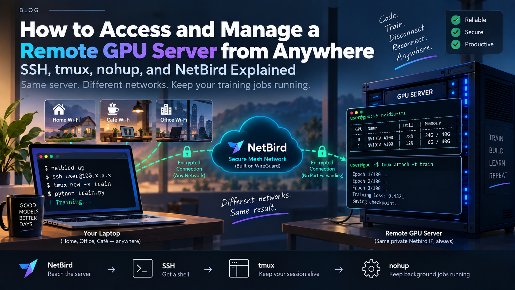 Your GPU Server Doesn't Care Which Wifi You're On: SSH, tmux, and Netbird Explained image